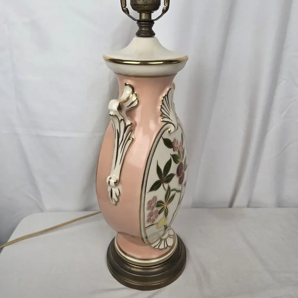 Mid Century Hand Painted Table Lamp Ceramic Floral Cherry Fruit Tree Pink Gold